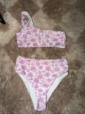 Floral One-Shoulder Bikini Set in Lavender and White